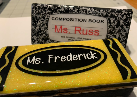 Handmade Glitter Resin Dry Eraser – Composition Notebook & Crayon Design | Whiteboard Accessory