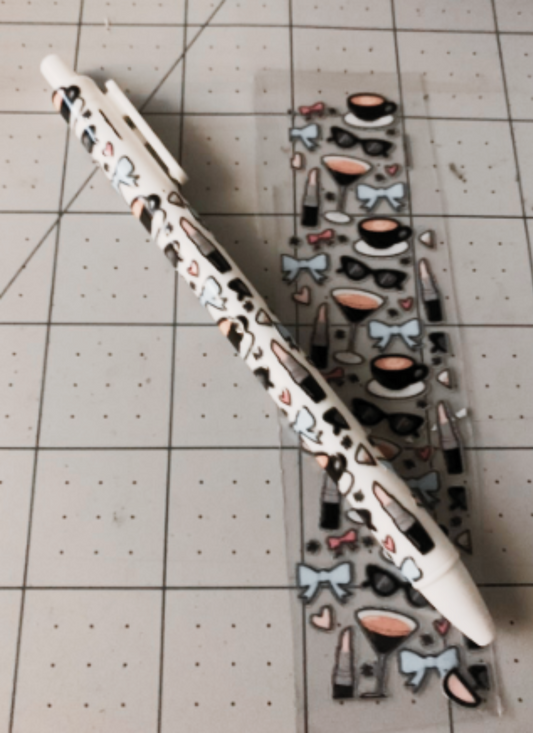 Blue Bow, Lipstick & Sunglasses Pen Wrap — UV DTF Pen, Blank, or Wrapped Pen